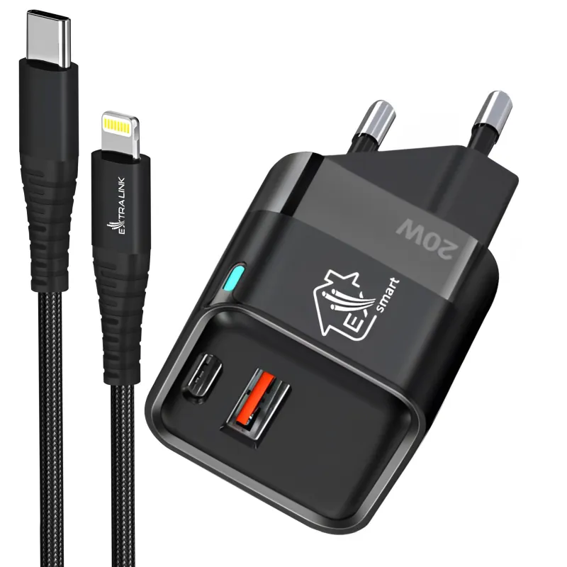 Комплект Extralink Smart Life Зарядное устройство 20W 1x USB-C 1x USB-A + Кабель USB-C - Lightning 27W, 200 см