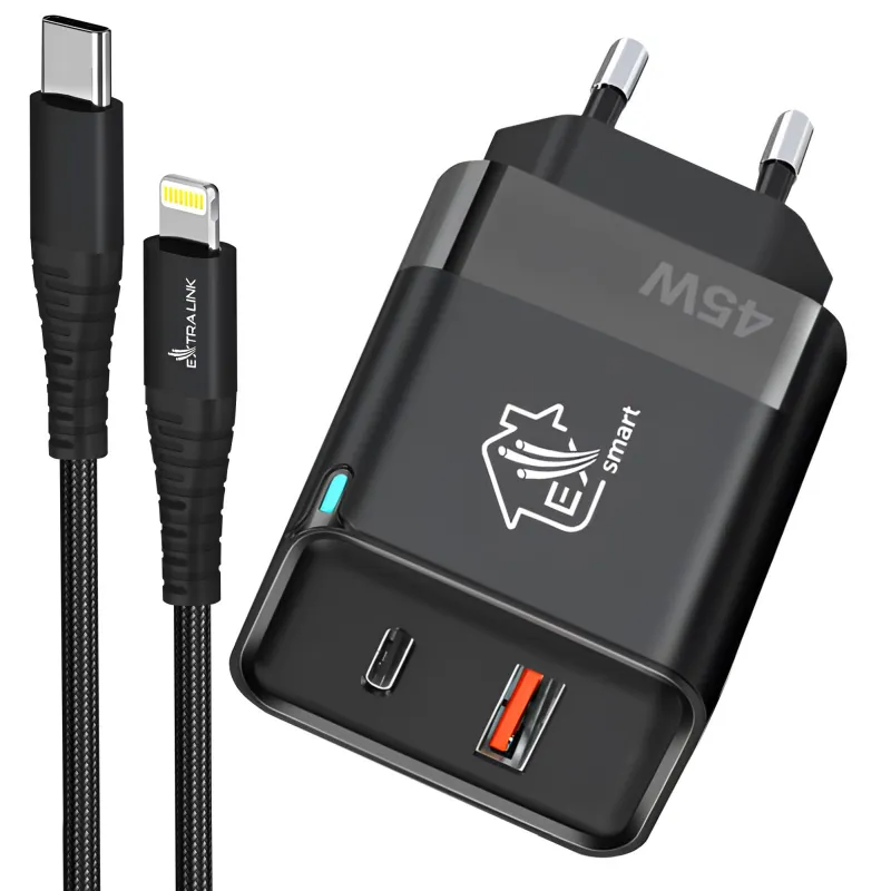 Extralink Smart Life Set 45W GaN Ladegerät 1x USB-C 1x USB-A + USB-C auf Lightning Kabel 27W, 200 cm