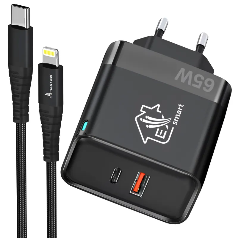 Набор Extralink Smart Life Зарядное устройство 65W GaN 1x USB-C 1x USB-A + Кабель USB-C - Lightning 27W, 200 см