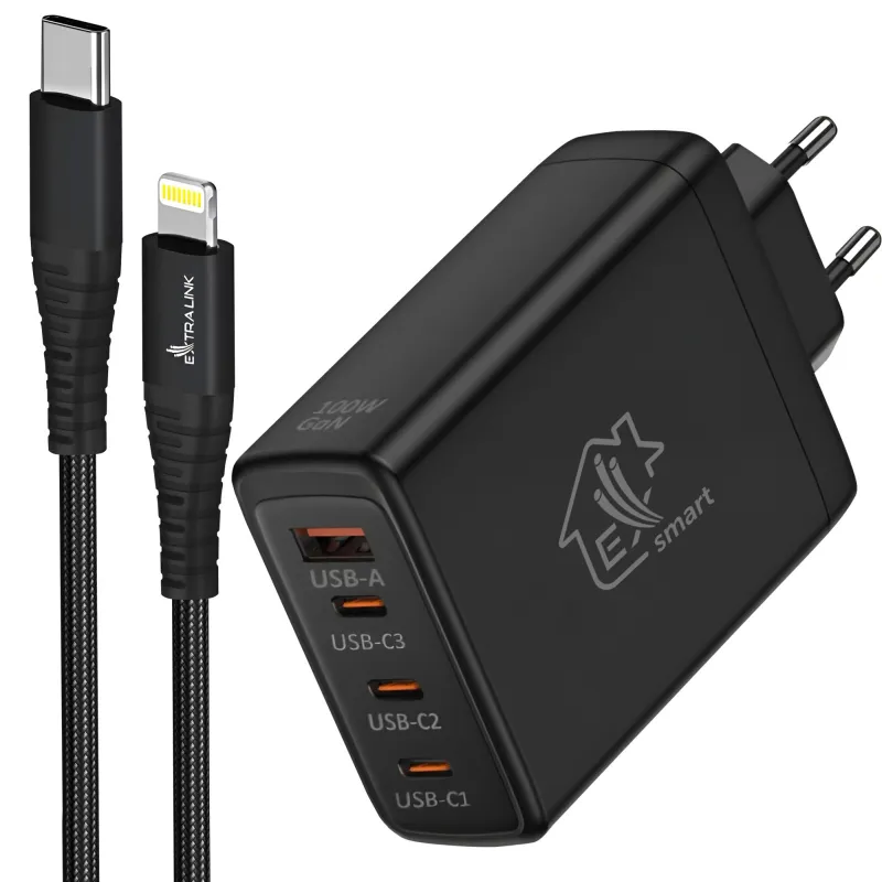 Kit Extralink Smart Life Cargador 100W GaN 3x USB-C 1x USB-A + Cable USB-C a Lightning 27W, 200 cm