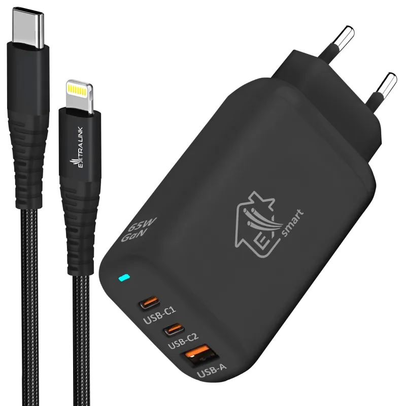 Conjunto Extralink Smart Life Carregador GaN 65W 2x USB-C 1x USB-A + Cabo USB-C para Lightning 27W, 200 cm