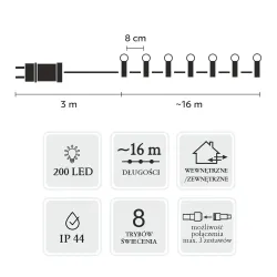 Luzes de Natal LED Extralink, 200L bolinhas brancas frias, comprimento 3 + 16 m - Imagem 3