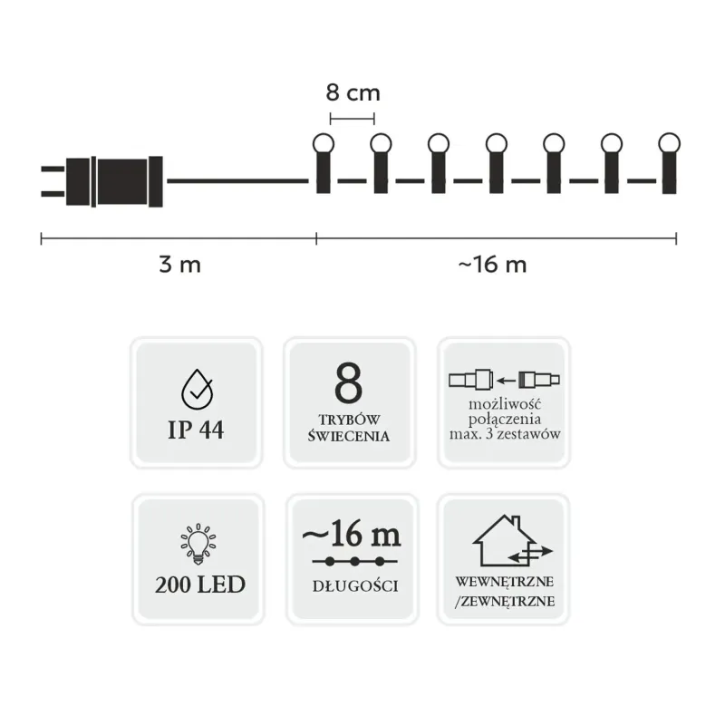 Luci LED Extralink, 200 Palline Multicolore, Lunghezza 3 + 16 m - Immagine 3