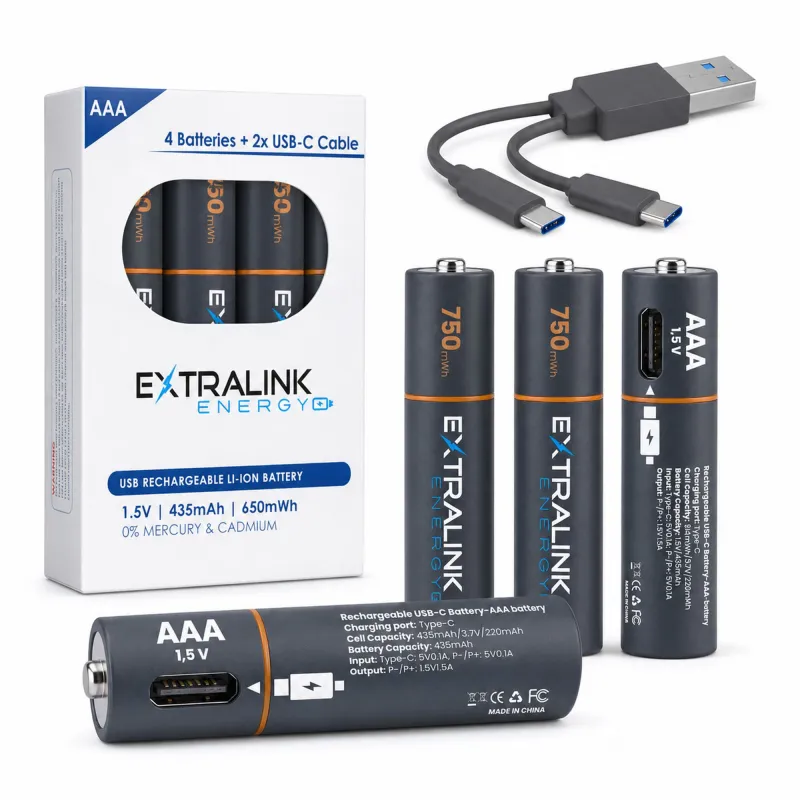Extralink Smartlife AAA Set 4-pak, USB-C ile şarj edilebilir piller, 1.5V, 435mAh - Görsel 2
