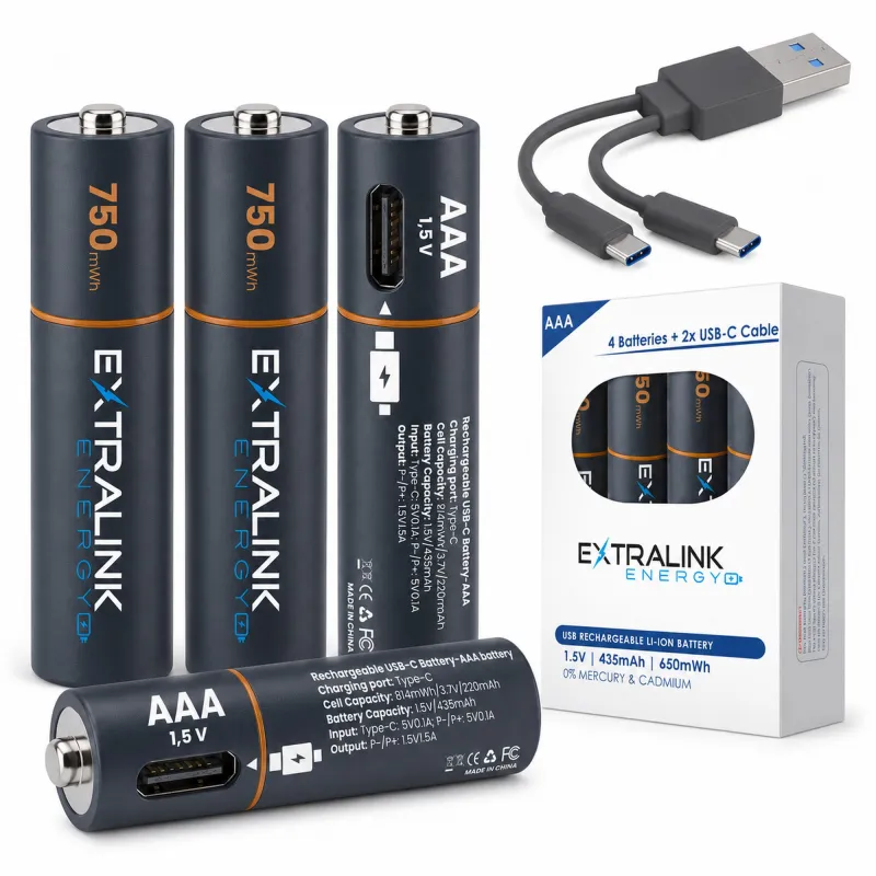 Extralink Smartlife AAA Set 4-pak, USB-C ile şarj edilebilir piller, 1.5V, 435mAh - Görsel 3