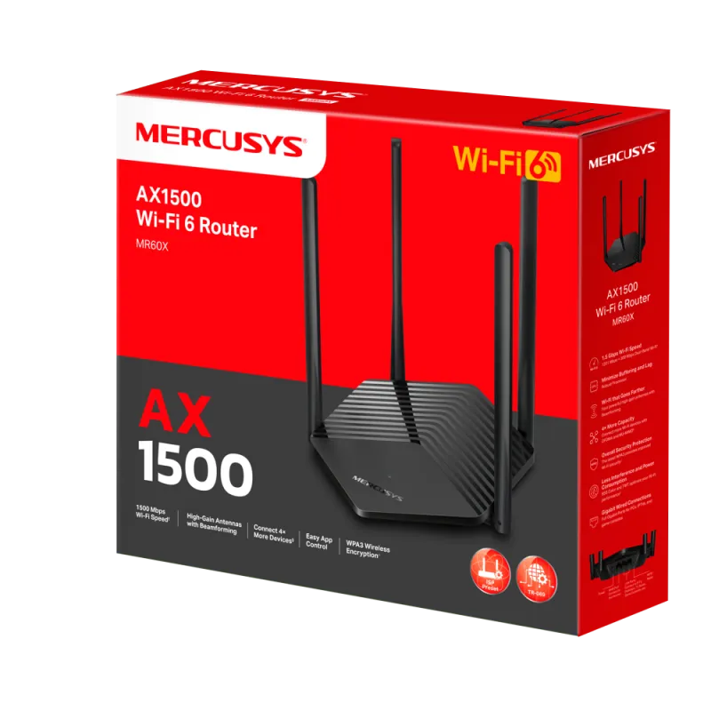 Mercusys MR60X | Router de wifi | AX1500, Wi-Fi6, 3x RJ45 1000Mb/s, OFDMA, MU-MIMO, WPA3