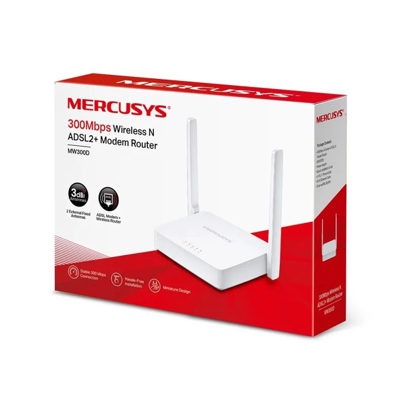 Маршрутизатор WiFi Mercusys MW300D, ADSL2+, 2.4GHz, 3x RJ45 100Mb/s, 1x RJ11