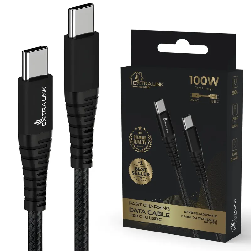 Extralink Smart Life Braided 100W USB Type-C to Type-C 2m Nero | Cavo USB di tipo C | 480 Mbps, 20V 5A