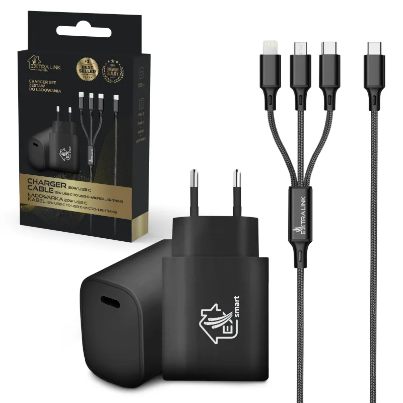 Extralink Smart Life SET03 | Cabo 3 em 1 + Carregador | 12W, 120cm / 20W PD3.0 5V/3A 9V/2,2A 12V 1,67A (preto)