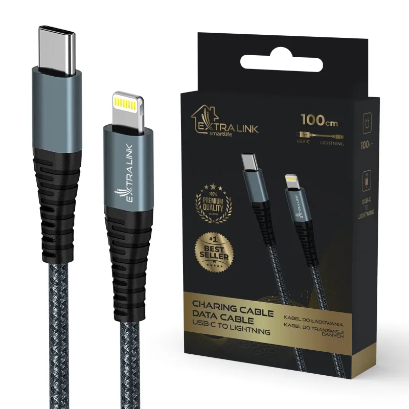 USB-C'den Lightning Kablosu Extralink Smart Life Siyah, 100cm