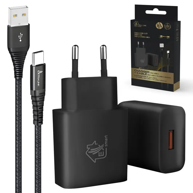 Extralink Smart Life | Conjunto USB Tipo A para Tipo C, 200 cm, Preto + Carregador 12 W | Preto