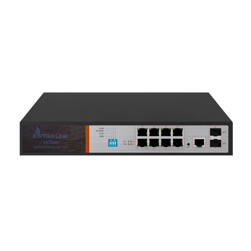 Коммутатор PoE Extralink VICTOR, 8x Gigabit PoE/PoE+, 2x SFP, 1x Консольный Порт, 150W, Управляемый