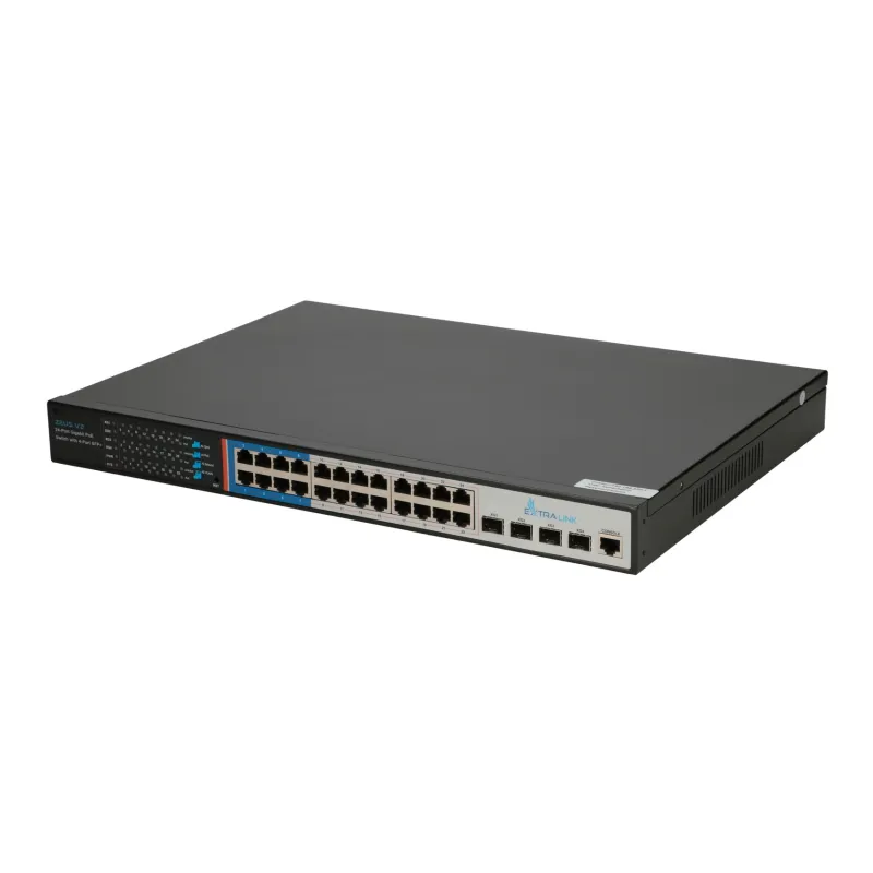 Extralink ZEUS V2 PoE Anahtarı, 24x Gigabit PoE/PoE+, 4x 10G SFP+, 1x Konsol Portu, 440W, L2/L3, Yönetilebilir