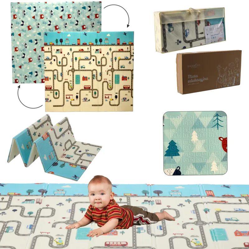 Alfombra educativa de dos caras Extralink, 180x200x1 cm plegable azul-coches + bolsa