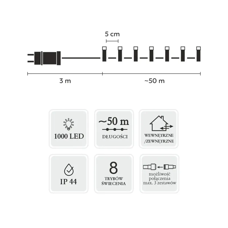 Luces LED Extralink, 1000L Blanco Cálido, 3 + 50 m Interior/Exterior