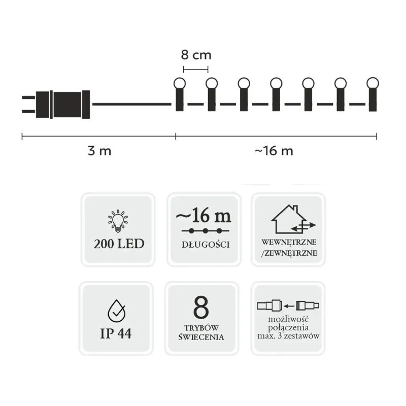 Extralink LED Işıklar, 200 Sıcak Beyaz Top, Uzunluk 3 + 16 m