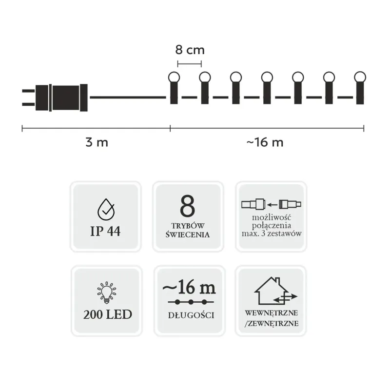 EXTRALINK LAMPKI LED KULKI 200L MULTIKOLOR, DŁ. 3 + 16 M *0160