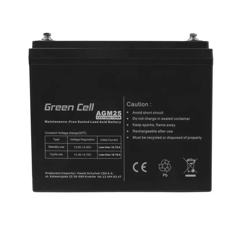 Green Cell AGM25 12V 75Ah | Akumulator | bezobsługowy