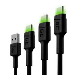 Green Cell KABGCSET01 | Juego de 3 cables USB | USB - USB-C 30cm, 120cm, 200cm, LED verde, carga rápida Ultra Charge, QC 3.0