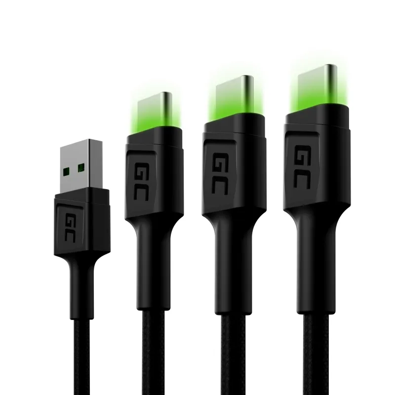 Green Cell KABGCSET02 | Juego de 3 cables USB | USB - USB-C 120cm, LED verde, carga rápida Ultra Charge, QC 3.0