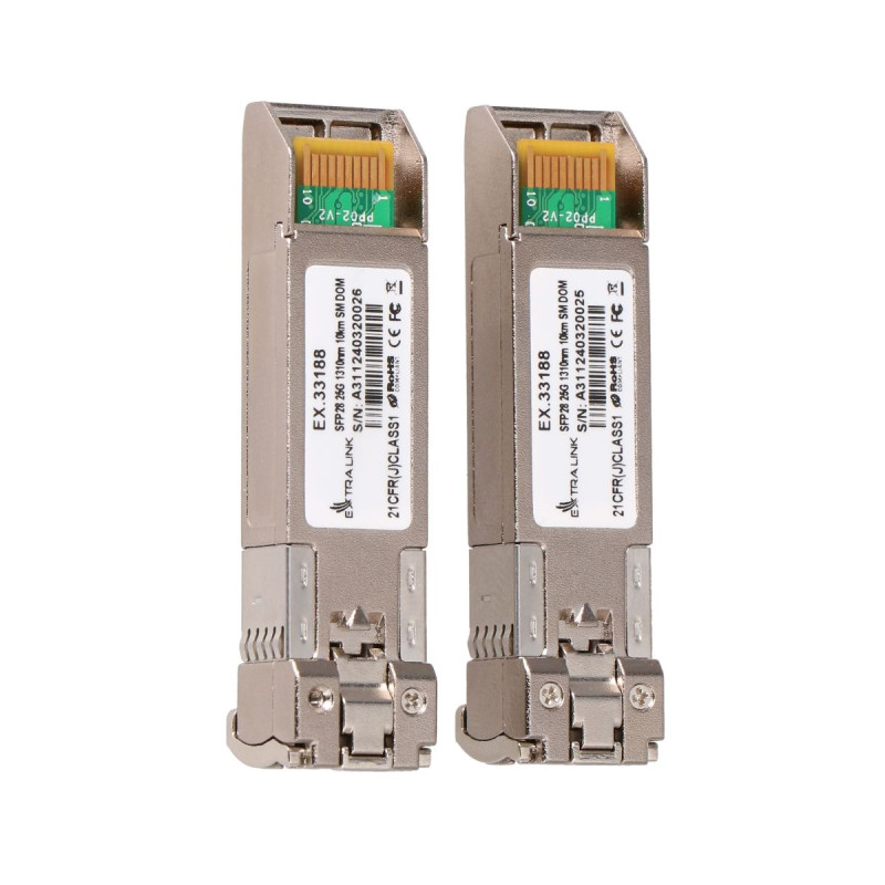 Extralink SFP28 25G Confezione da 2 | Modulo SFP28 | 25 Gbps, duplex LC/UPC, 1310 nm, 10 km, modalita singola, DOM