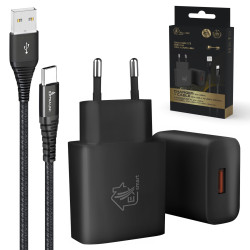 Extralink Smart Life | Sada USB typu A na typ C, 200 cm, černá + 12W nabíječka | Černá