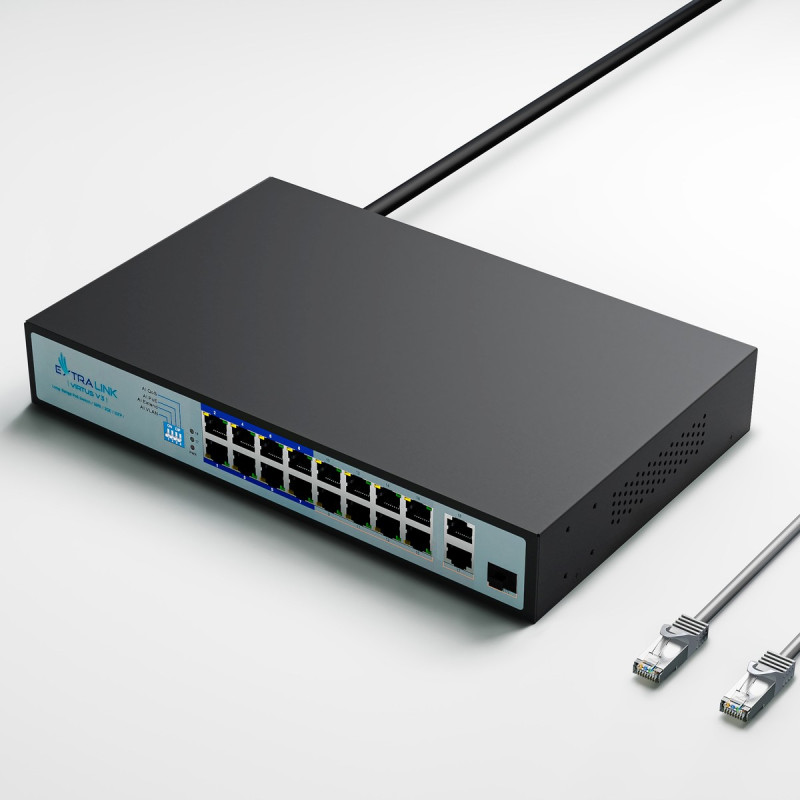 Коммутатор PoE Extralink VIRTUS V3, 16x 100Mb/s PoE/PoE+, 2x Gigabit RJ45 + 1x SFP, 150W