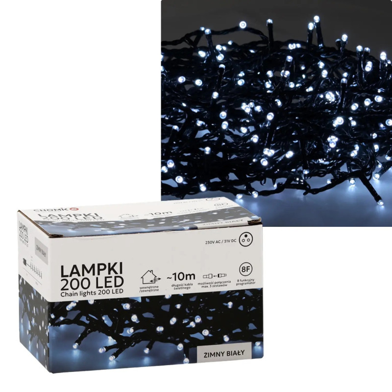 EXTRALINK LAMPKI LED 200L ZIMNY BIAŁY DŁ. 3 + 10 M WEWN/ZEWN *9454