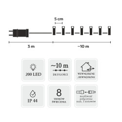 EXTRALINK LAMPKI LED 200L ZIMNY BIAŁY DŁ. 3 + 10 M WEWN/ZEWN *9454