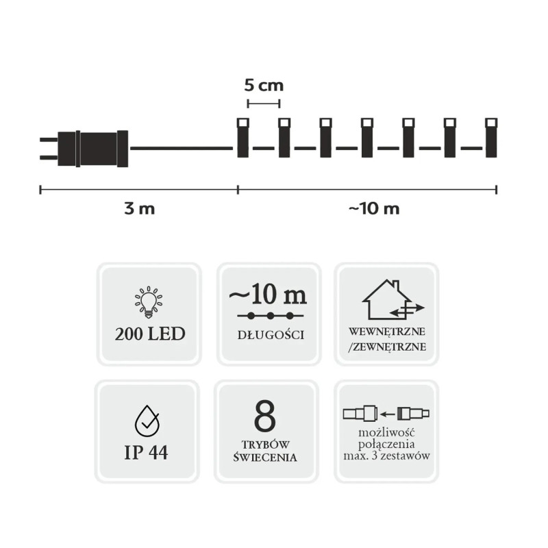 EXTRALINK LAMPKI LED 200L ZIMNY BIAŁY DŁ. 3 + 10 M WEWN/ZEWN *9454