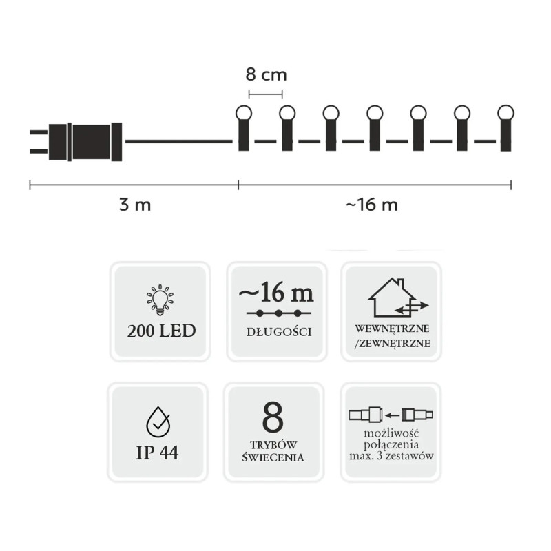 Luzes LED Extralink, 200 Bolas Branco Quente, Comprimento 3 + 16 m