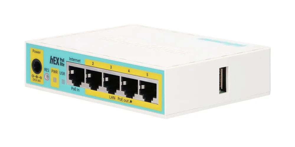 MikroTik hEX PoE lite | Router | RB750UPr2, 5x RJ45 100Mb/s, 1x USB Dodatkowe złącza / interfejsy1x USB