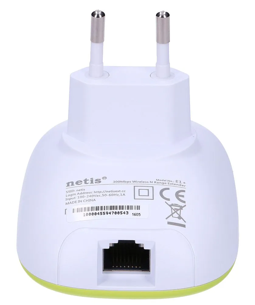 Netis E1+ | Zesilovač signálu WiFi | 300Mb/s, 2,4GHz, 1x RJ45 100Mb/s, zelený Standard sieci LANFast Ethernet 10/100Mb/s
