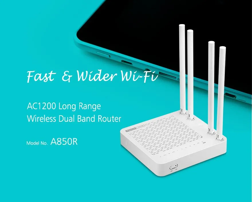 Totolink A850R | WiFi Router | AC1200, Dual Band, MIMO, 5x RJ45 100Mb/s Standard sieci LANFast Ethernet 10/100Mb/s