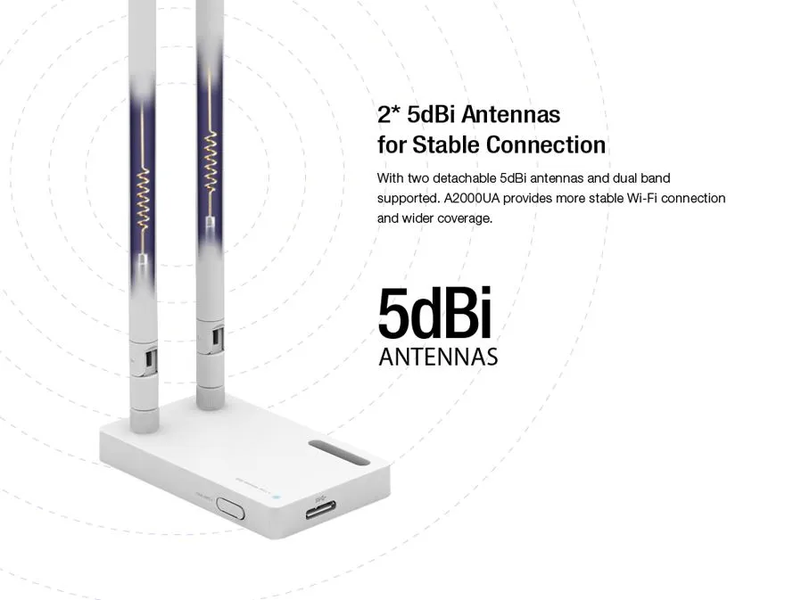 Totolink A2000UA | WiFi USB Adaptor | AC1200, Dual Band, 2x 5dBi Standardy sieci bezprzewodowejIEEE 802.11g