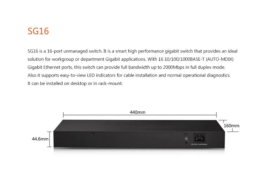 Totolink SG16 | Switch | 16x RJ45 1000Mb/s Gigabit, Rackmount, no gestionado ZarządzanieNie