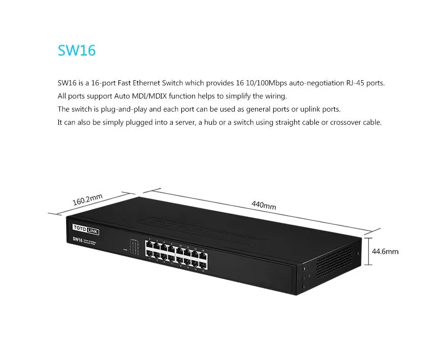 Totolink SW16 | Switch | 16x RJ45 100Mb/s, Kryt Rack, neřízený ZarządzanieNie