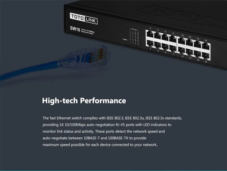 Totolink SW16 | Switch | 16x RJ45 100Mb/s, Kryt Rack, neřízený 6