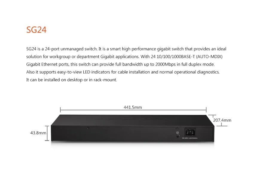 Totolink SG24 | Switch | 24x RJ45 1000Mb/s Gigabit, Rackmount, No gestionado ZarządzanieNie