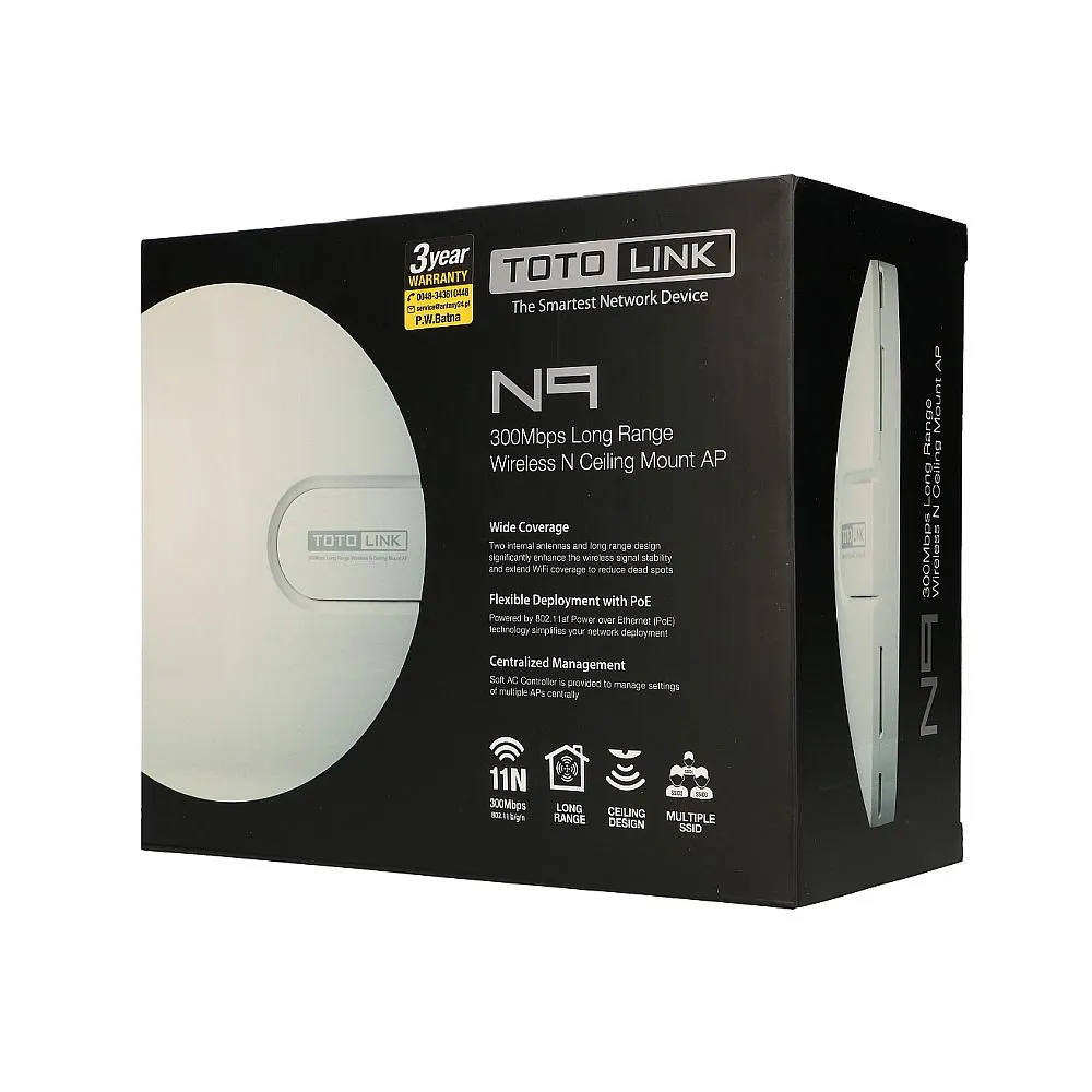 Totolink N9 | Punto de acceso | 300Mb/s, 2,4GHz, PoE, 1x RJ45 100Mb/s, 2x dBi Standardy sieci bezprzewodowejIEEE 802.11g