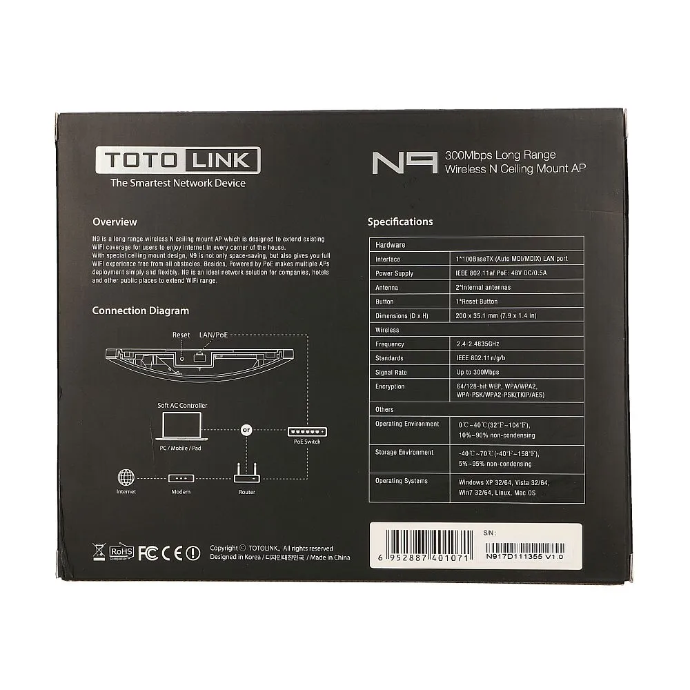 Totolink N9 | Punto de acceso | 300Mb/s, 2,4GHz, PoE, 1x RJ45 100Mb/s, 2x dBi Standardy sieci bezprzewodowejIEEE 802.11b