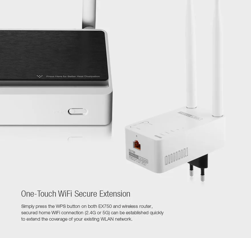 Totolink EX750 | Extensor de rango WiFi | AC750, Dual Band, 1x RJ45 100Mb/s, 2x 5dBi Rodzaj zasilania urządzeniaWejściowe: od 110 do 240 V AC, 50/60 Hz