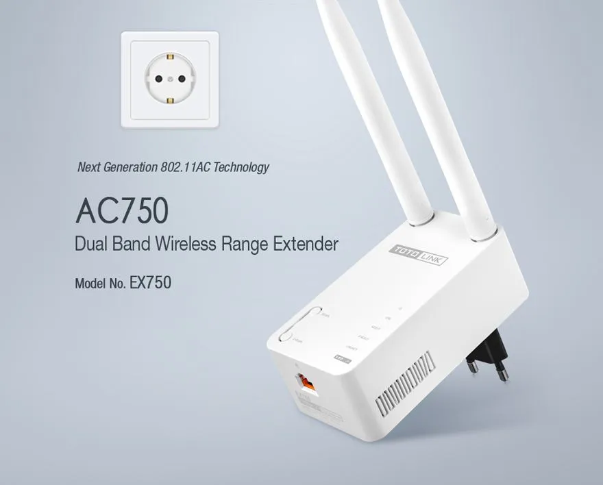 Totolink EX750 | Extensor de rango WiFi | AC750, Dual Band, 1x RJ45 100Mb/s, 2x 5dBi Standardy sieci bezprzewodowejIEEE 802.11n