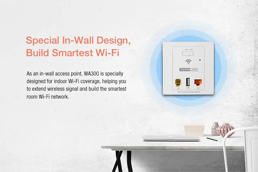 Totolink WA300 | WiFiPunto de acceso | 300Mb/s, 2,4GHz, PoE, 2x RJ45 100Mb/s, 1x USB, De pared Typ urządzeniaPunkt dostępowy