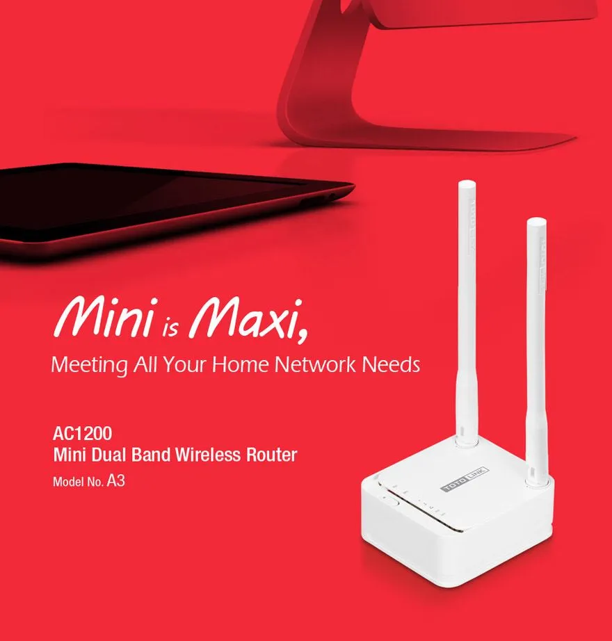 Totolink A3 | Router WiFi | AC1200, Dual Band, MIMO, 3x RJ45 100Mb/s Zysk antenyponiżej 10dBi