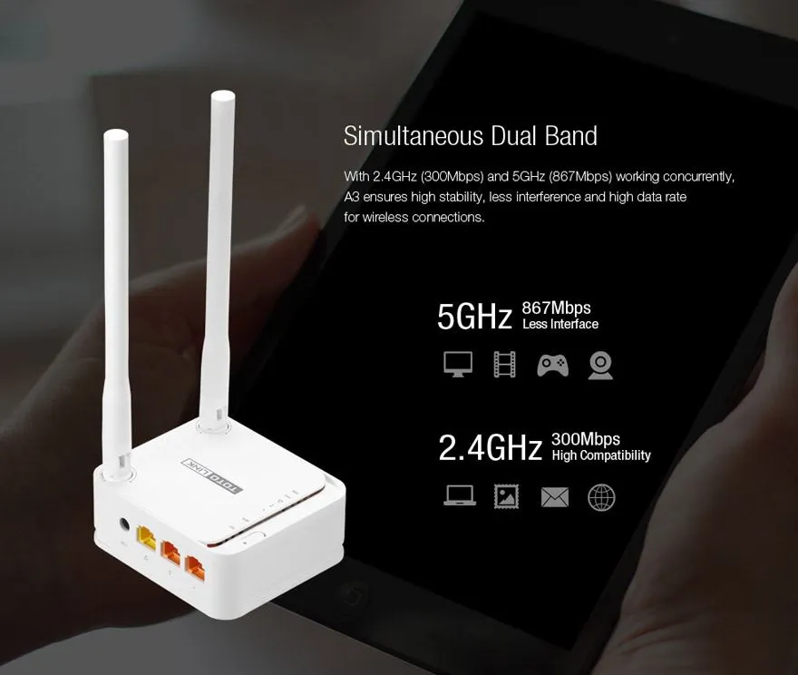 Totolink A3 | Router WiFi | AC1200, Dual Band, MIMO, 3x RJ45 100Mb/s 8