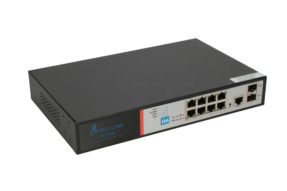 Extralink VICTOR | Switch PoE | 8x Gigabit PoE/PoE+, 2x SFP, 1x Port konzolový, 150W, Řízený Moc (W)150