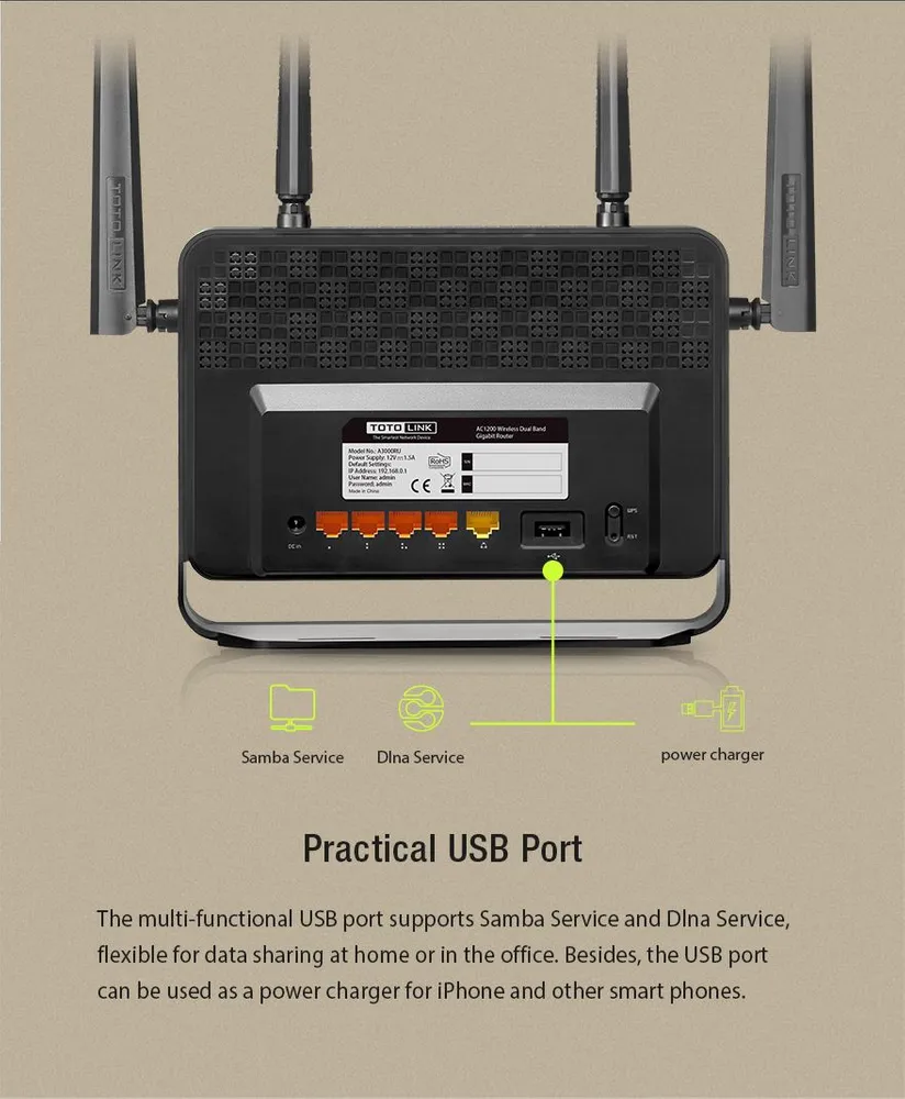 Totolink A3000RU | WiFi Router | AC1200, Dual Band, MU-MIMO, 5x RJ45 1000Mb/s, 1x USB Port USB1x USB