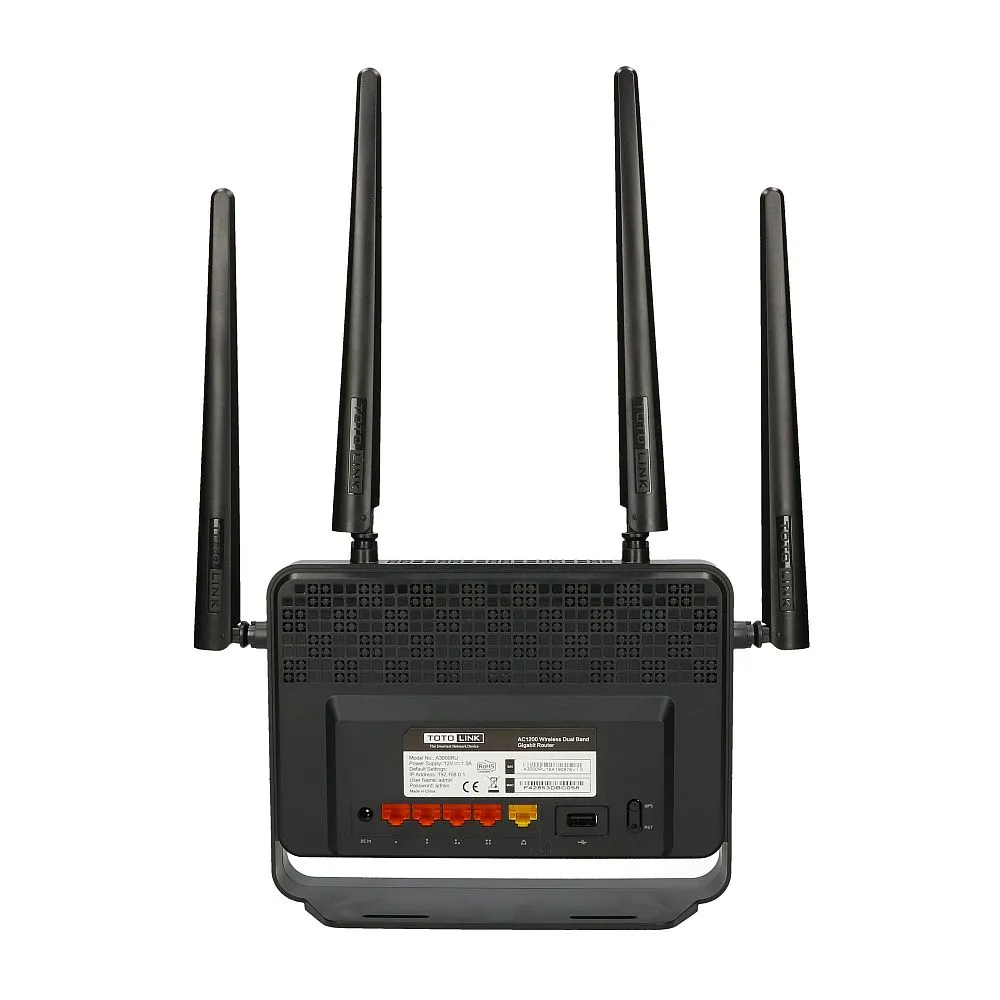 Totolink A3000RU | WiFi Router | AC1200, Dual Band, MU-MIMO, 5x RJ45 1000Mb/s, 1x USB Maksymalna prędkość transmisji bezprzewodowej1200 Mb/s