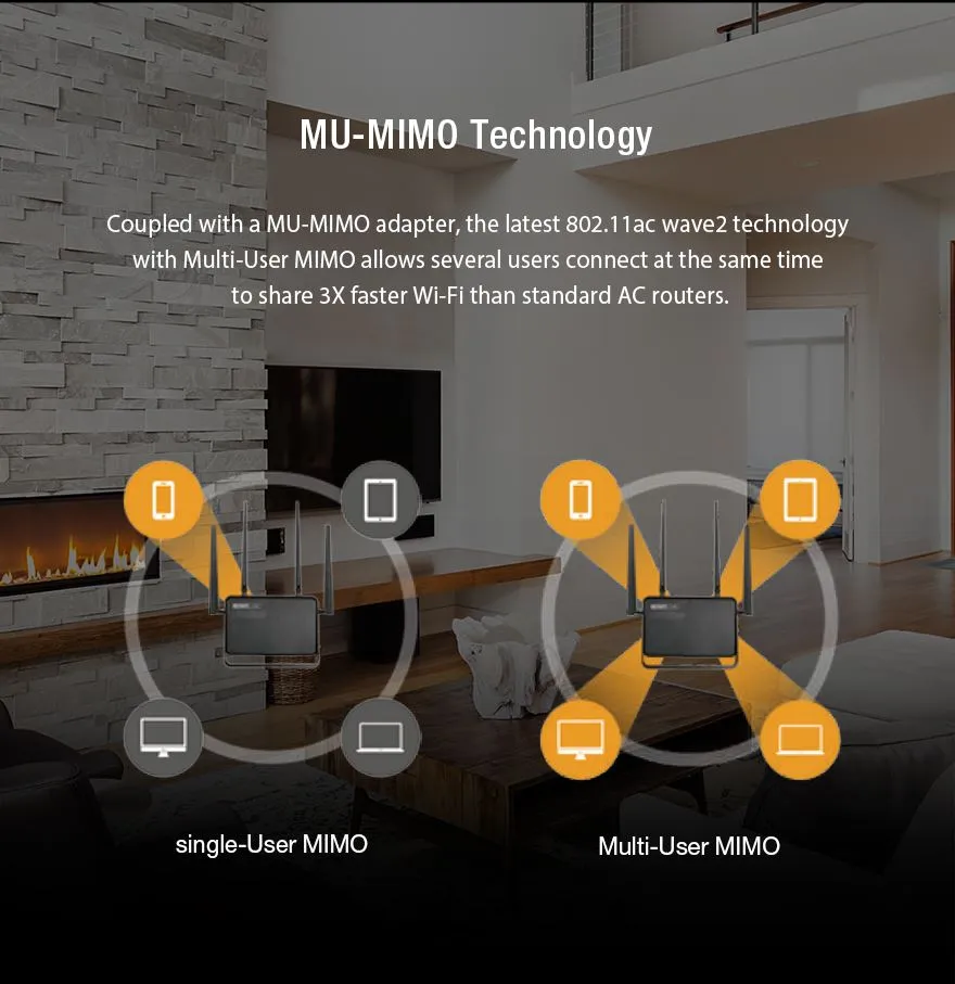 Totolink A3000RU | WiFi Router | AC1200, Dual Band, MU-MIMO, 5x RJ45 1000Mb/s, 1x USB Standardy sieci bezprzewodowejIEEE 802.11g